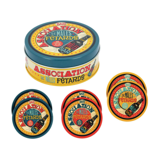 Podšálky okrúhle sada 6 ks v dóze "Association de mâles fetards" 9,5 x H 3,5 cm, plech + k