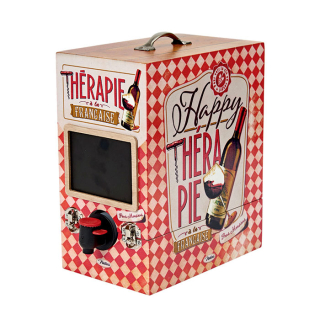 Drevený Bag in box (BIB) na víno 3L "Happy thérapie vin" 25x21x13 cm