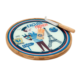 Doska na syr "Excuse my French" D 32 x H 1,5 cm, drevo + sklo