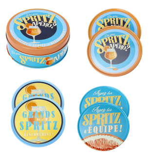 Podšálky okrúhle sada 6 ks v dóze "Spritz" 9,5 x H 3,5 cm, plech + korok