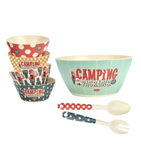 Šalátová misa + 4 misky + naberačky "Camping pas un radis", sada 7ks, bambus